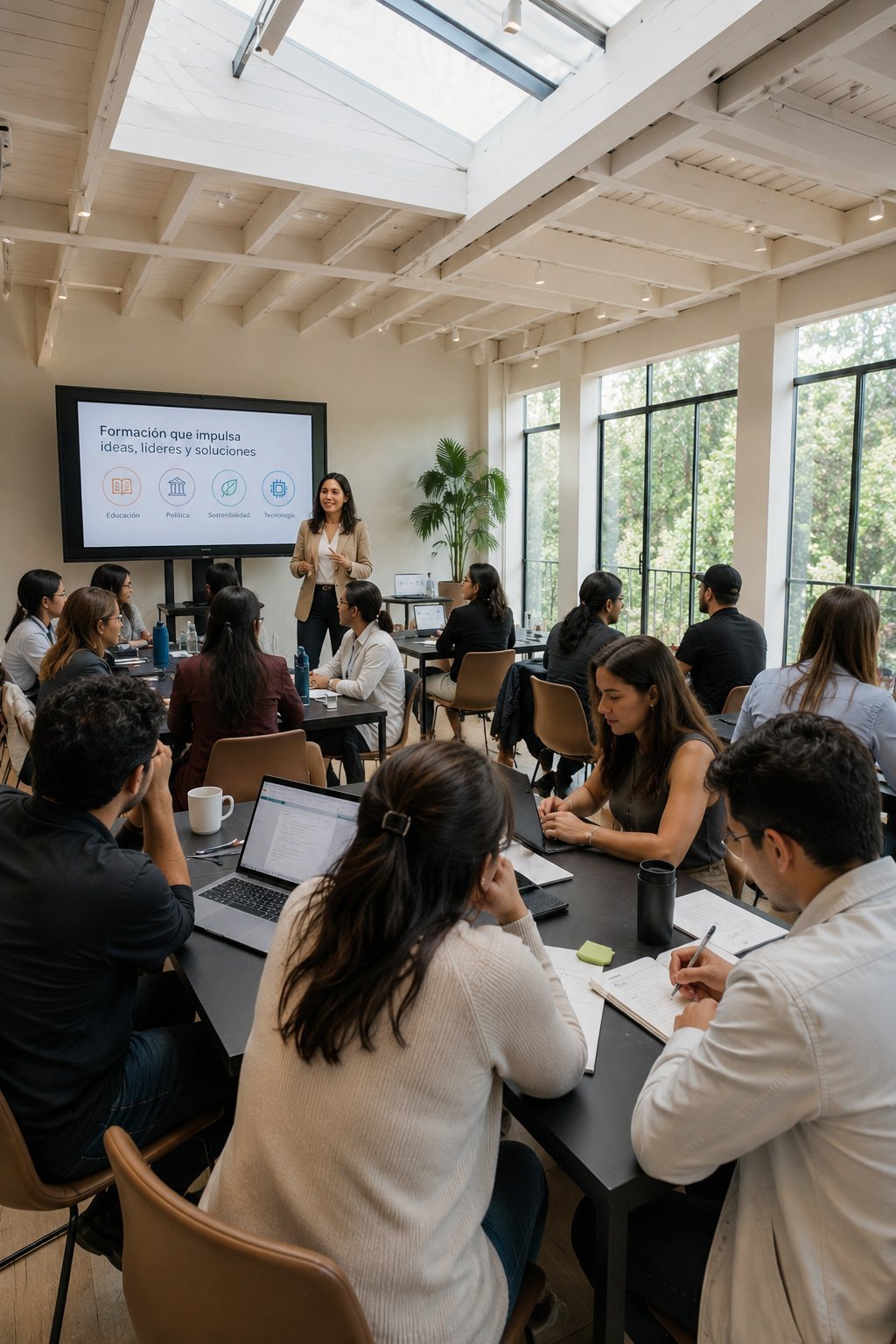 A woman presents to a group of seated attendees in a bright, modern conference room with large windows and exposed beams
